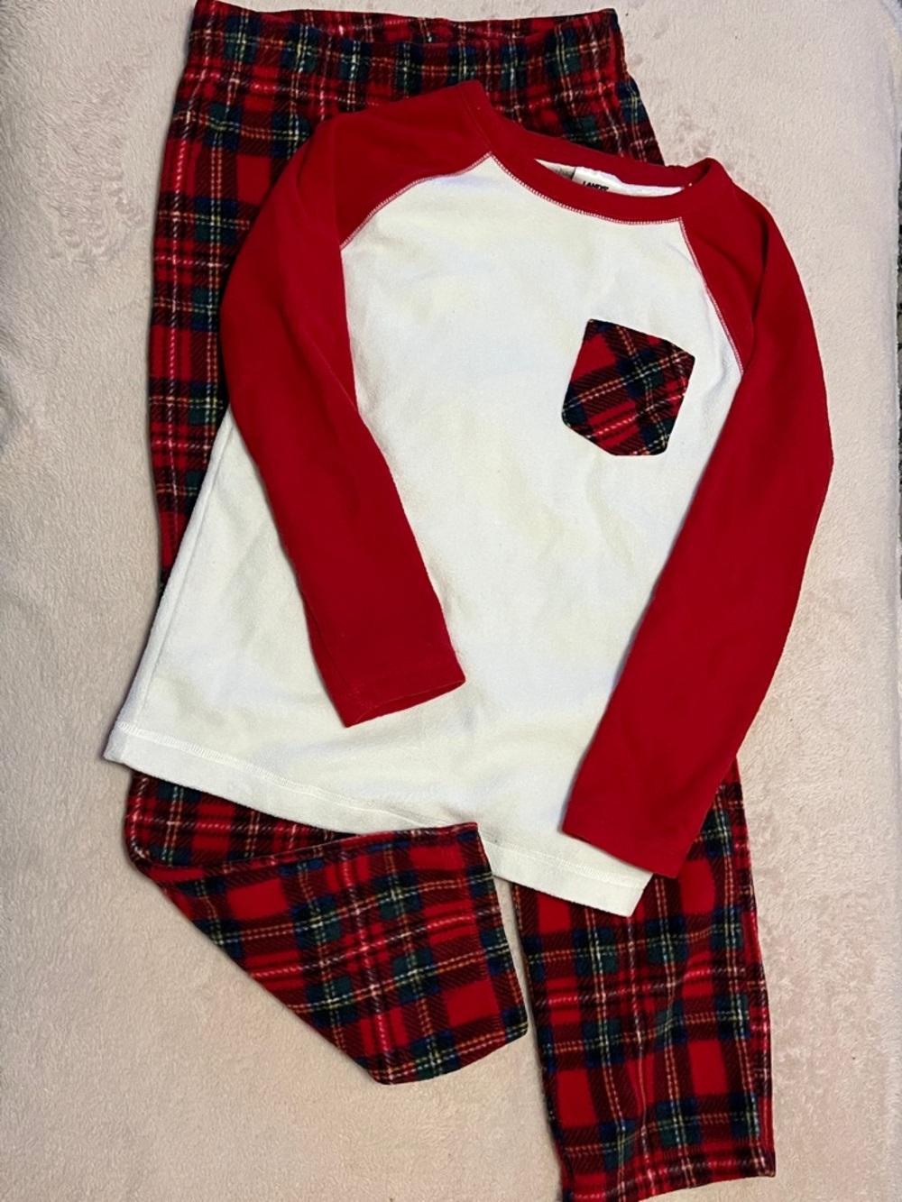 Lands' End Red and White Fleece with Plaid Trim